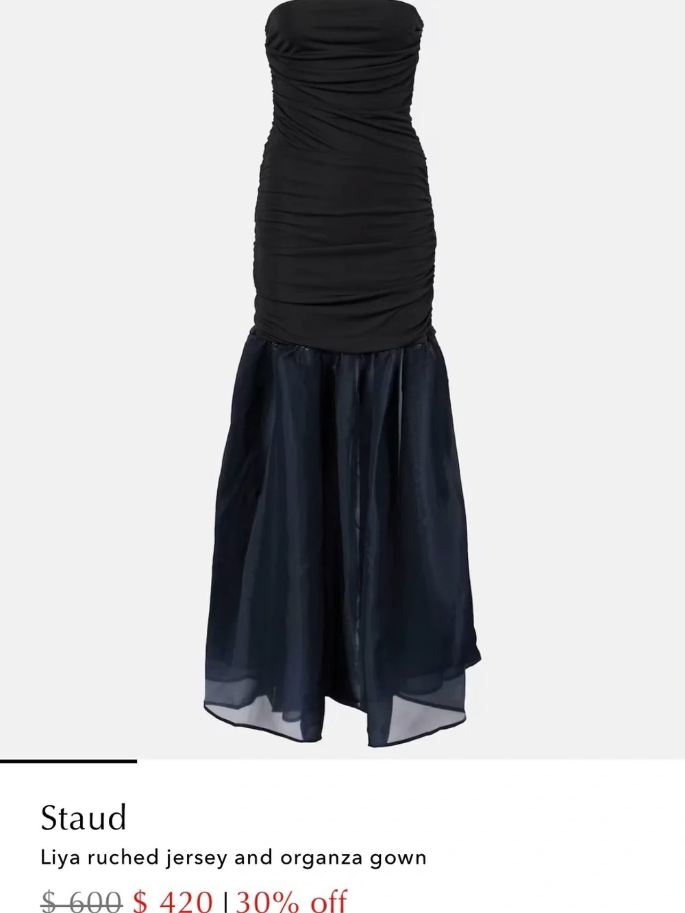 STAUD Black Ruched Jersey Top with Sheer Navy Organza Maxi Skirt - Picture 4 of 12